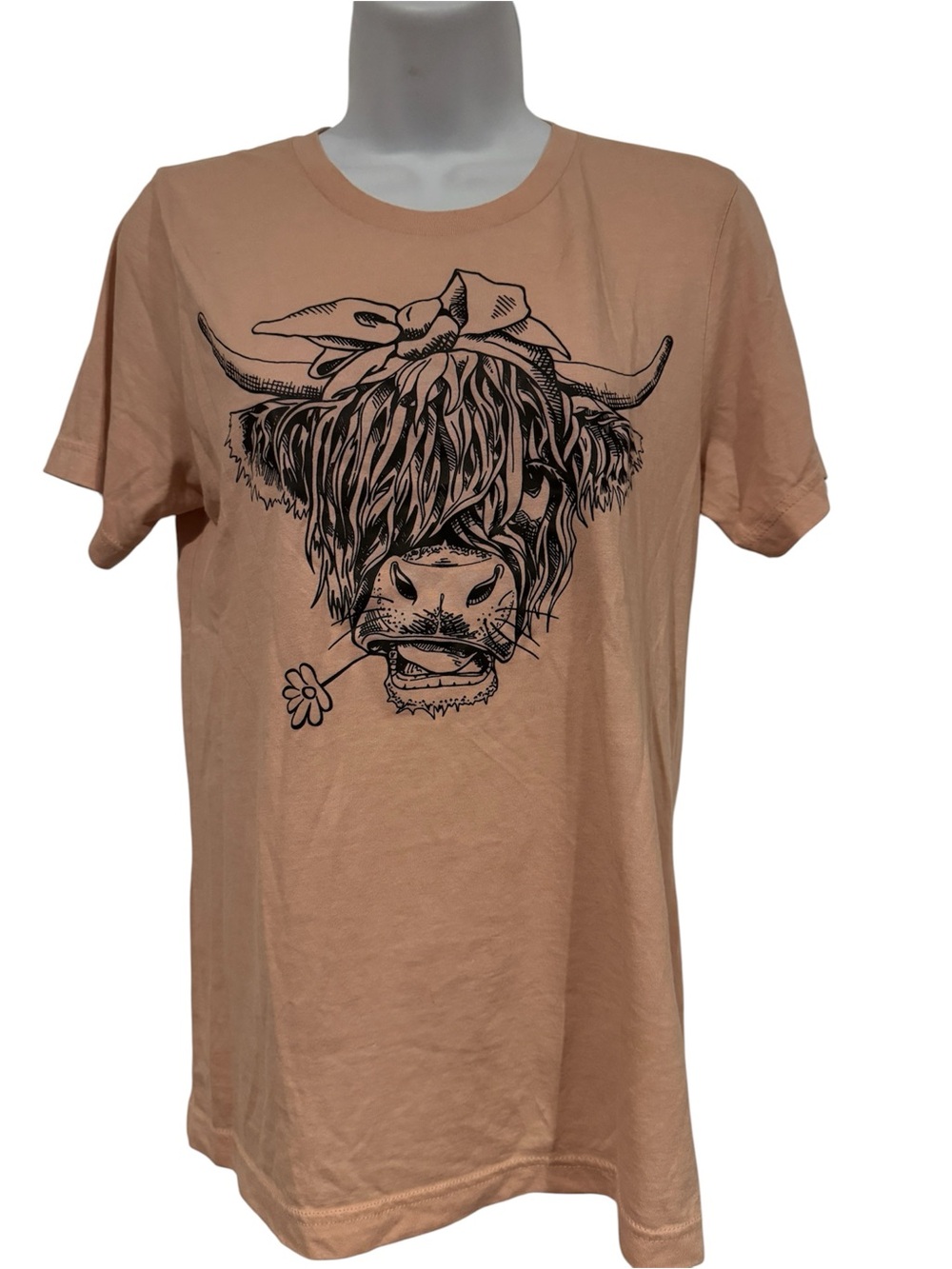 Bella Canvas Peach Short-Sleeve Tee with Black Highland Cow Graphic